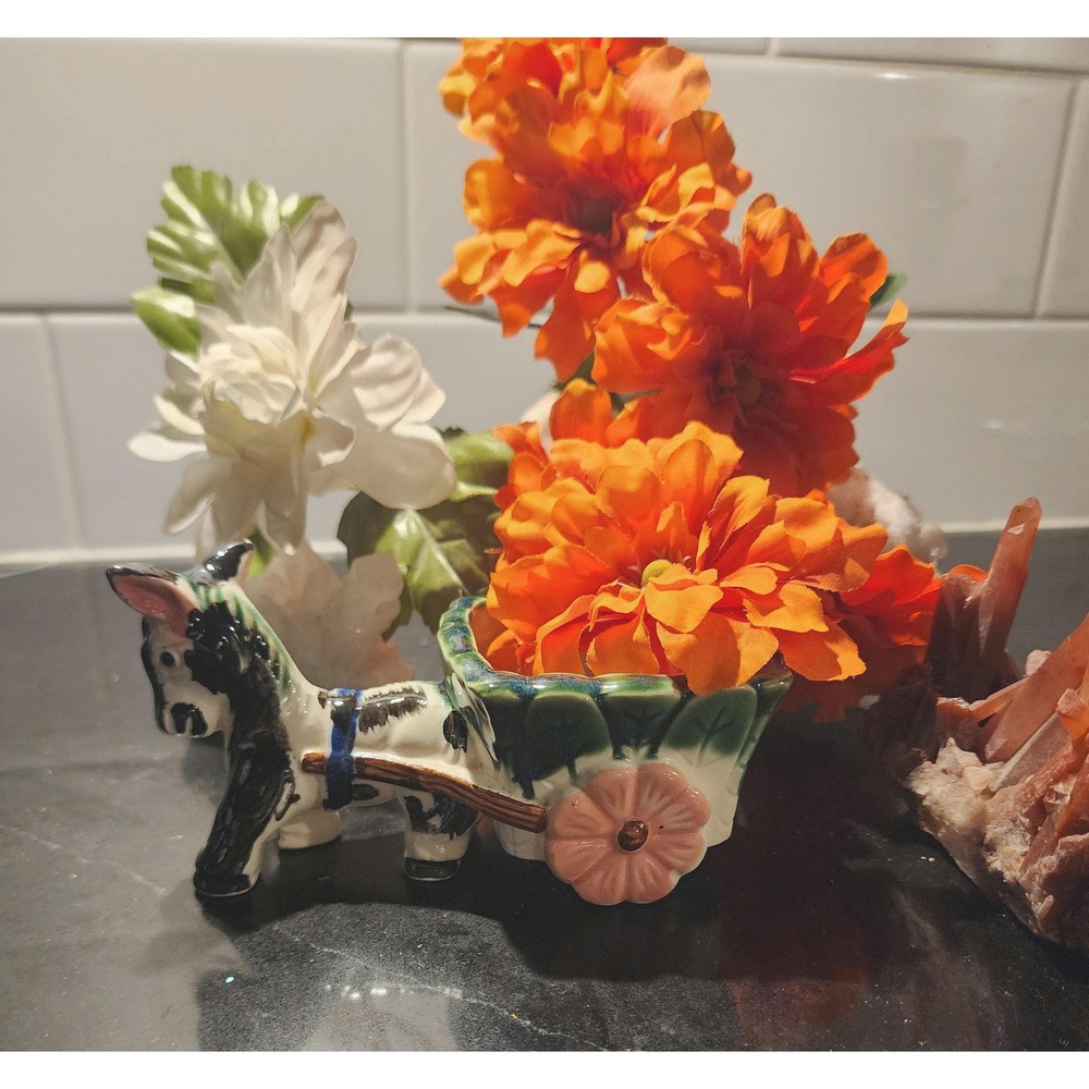 Vintage Hand-Painted Donkey Cart Planter Mid-Century Ceramic Japan Figurine